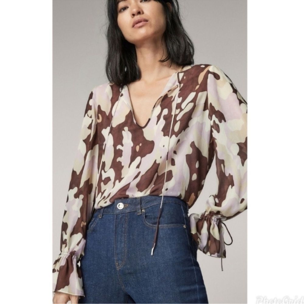 Massimo Dutti Abstract Camo Print romantic feminine keyhole blouse size 4 - Picture 3 of 11